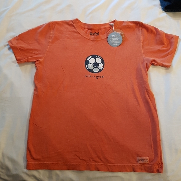 Life Is Good boys size 10 Orange soccer short sleeved shirt, New - Picture 1 of 4